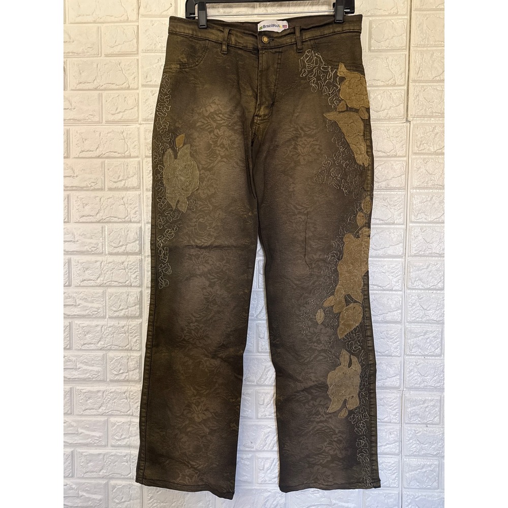 BrazilRoxx Women Brown Floral Embroidered Applique Straight Leg Jeans Size 10